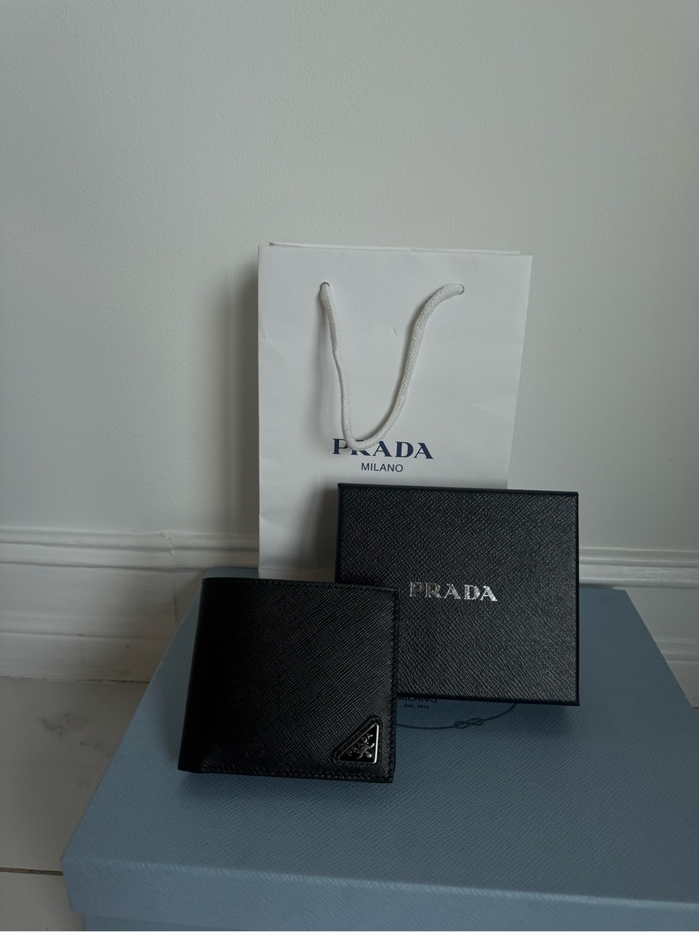 Prada Black Saffiano Leather Bi-Fold Wallet with Logo Triangle